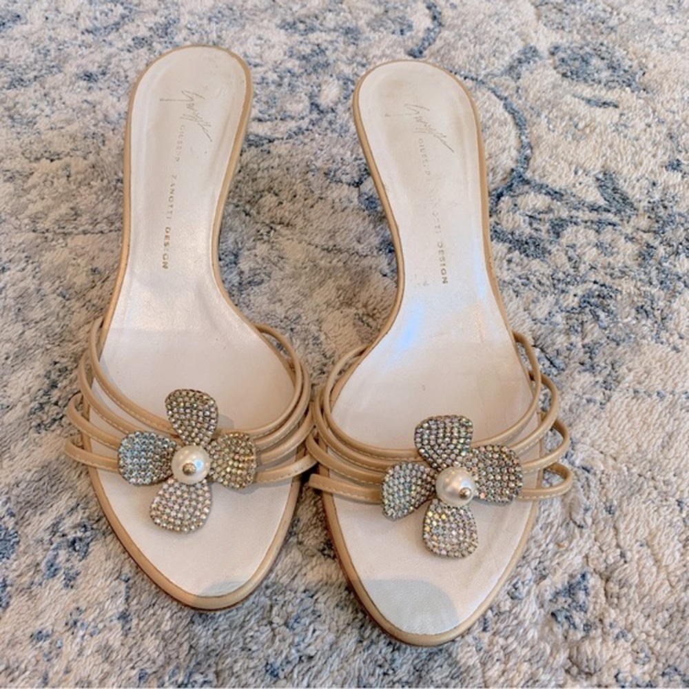 Vintage Giuseppe Zanotti Crystal Flower Kitten Heel Sandals